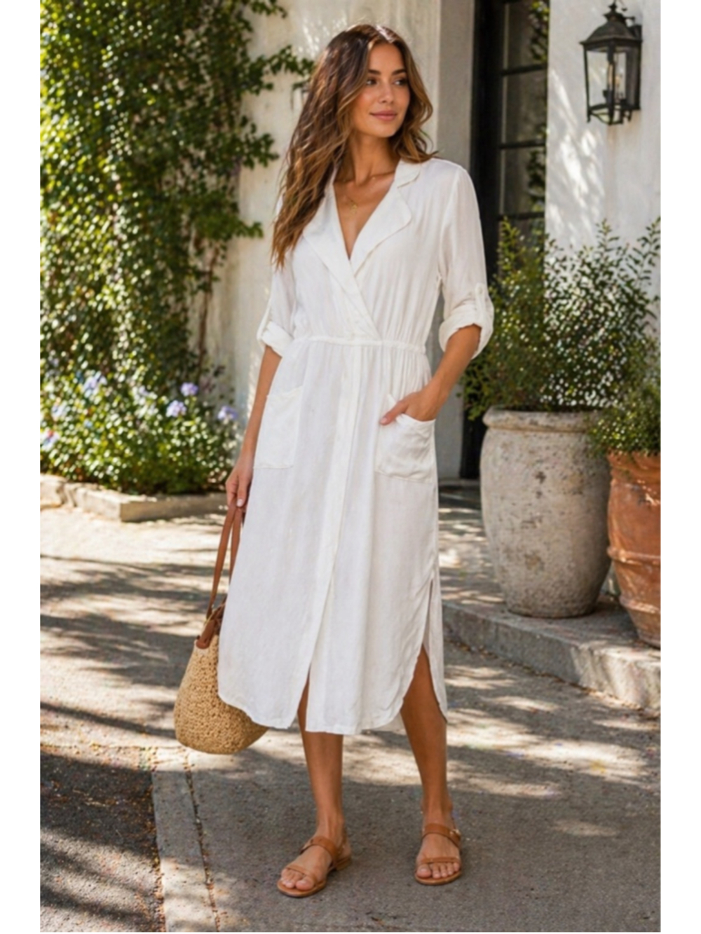 VENUS White Shirt Dress Size L Roll Tab Sleeve Midi Pockets